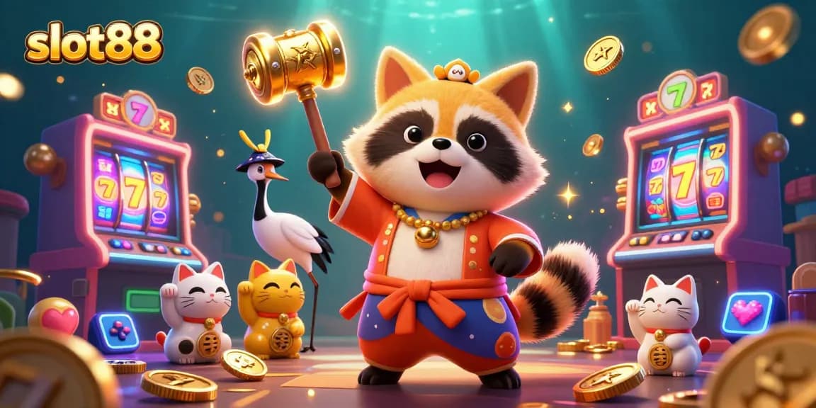 Experience the thrill of slot88 with a lively scene featuring a cheerful tanuki, samurai crane, and waving fortune cats.