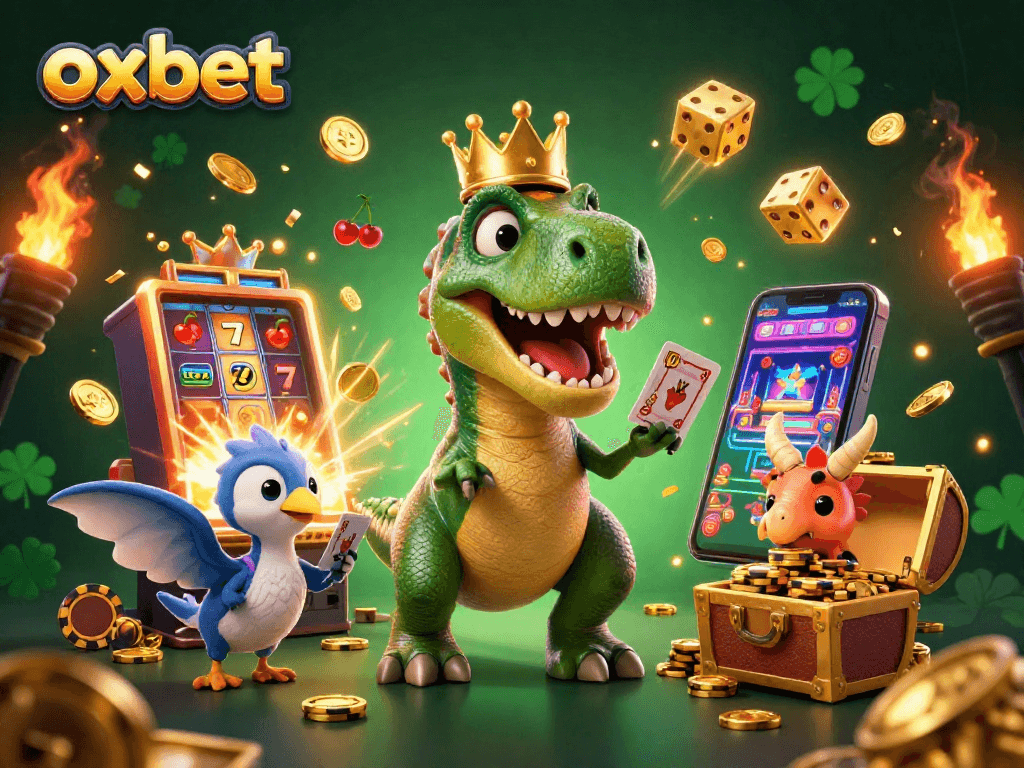 Spin the reels and win big at oxbet with a festive 3D casino scene featuring fun dinosaur characters!
