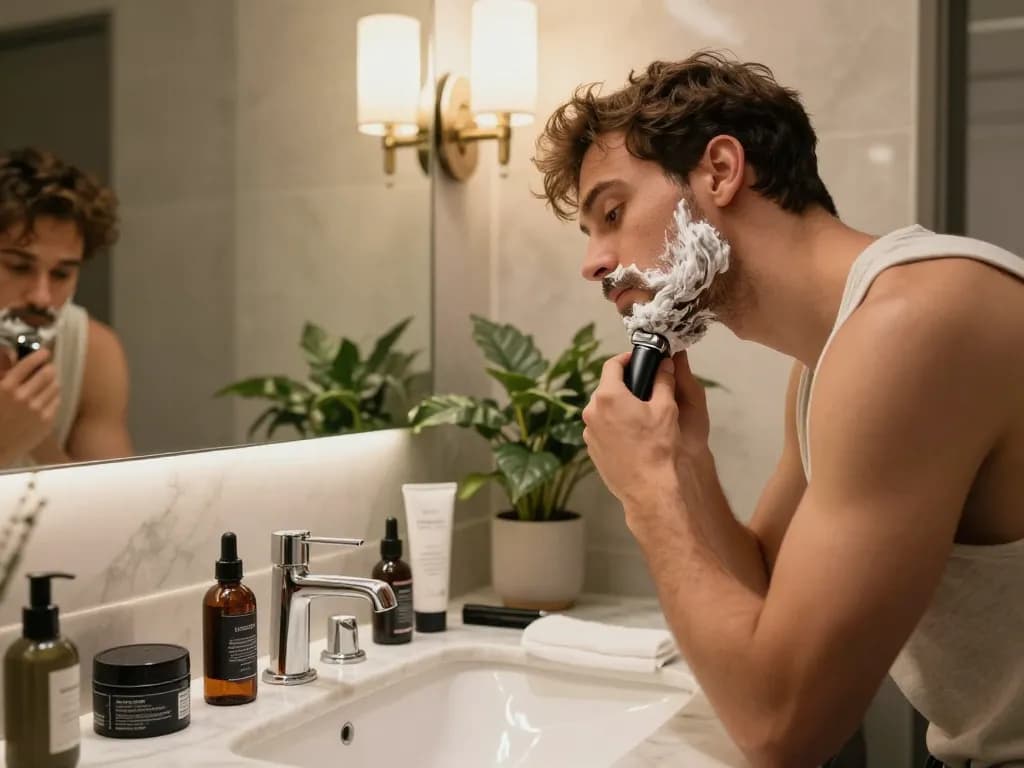 Young man shaving with a Laifen shaver in a stylish bathroom setting.