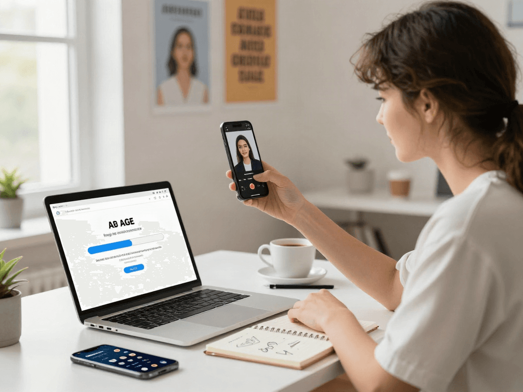 Person using an online tool to determine how old do I look based on their facial features, with bright and inviting workspace.
