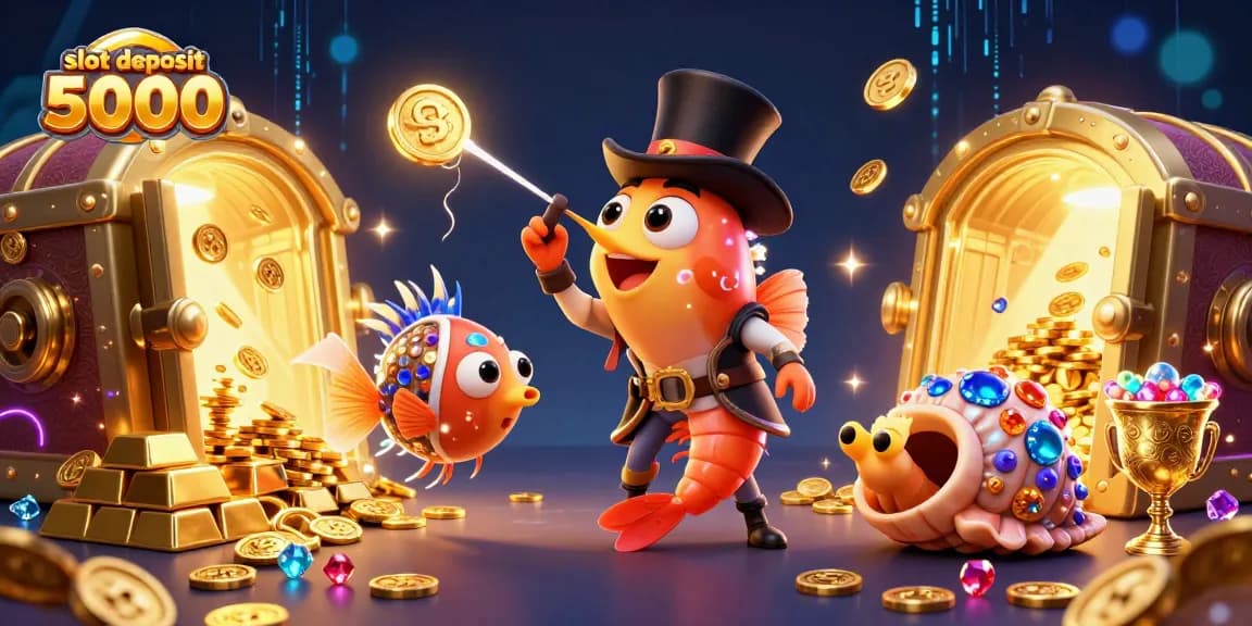 Menangkan slot deposit 5000 dengan ilustrasi ikan pemancing istimewa dan harta karun yang mencolok.