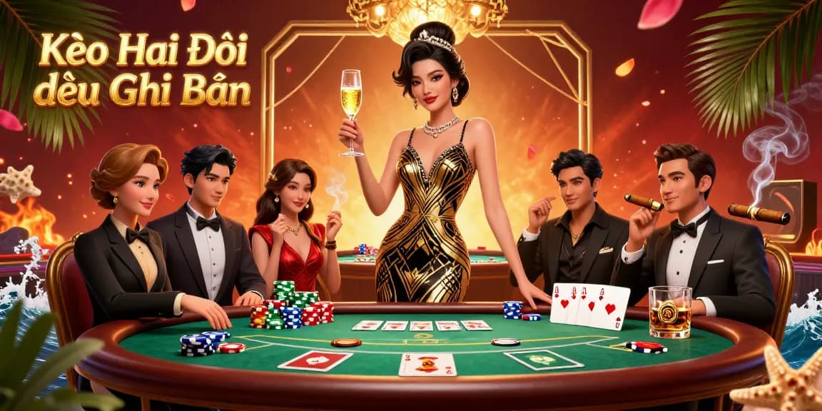 Kèo Hai Đội Đều Ghi Bàn betting visualization showcasing an elegant woman and casino elements.