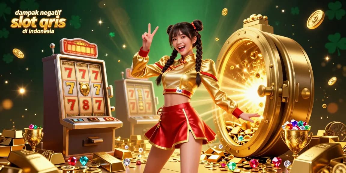 Dive into the impact of dampak negatif slot qris di indonesia with vibrant slot machines and a radiant character in this lively casino scene.