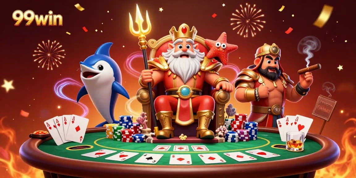 Engage with the exciting world of 99win, featuring a lively poker scene with Neptune and vibrant game elements.