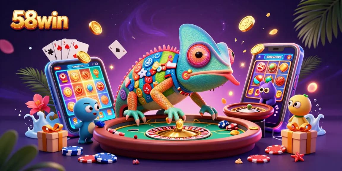 Experience the vibrant 58win casino scene through animated chameleons, coins, and games.