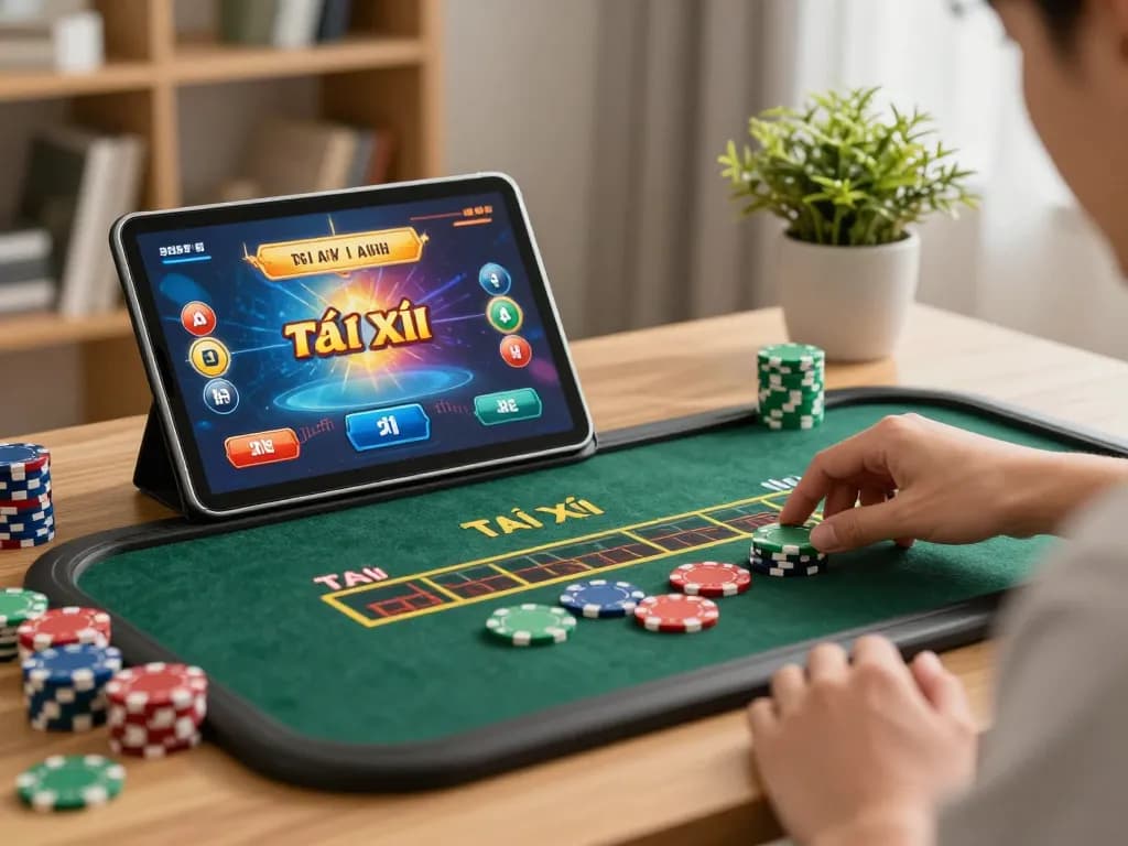 Tài xỉu online gameplay on tablet, showcasing interaction and excitement in a cozy home setting.