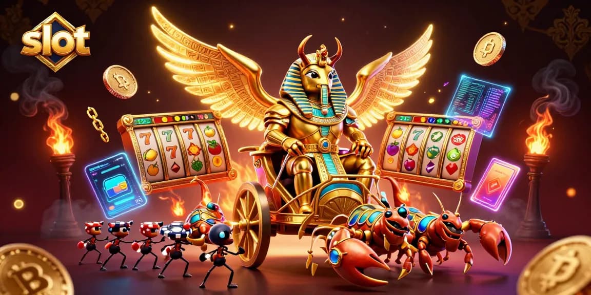 Spin slots with a colossal golden scarab beetle and scorpions in this dynamic casino illustration.