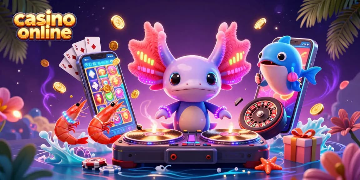 Sloturi online captivante la casino online, cu un DJ axolotl și creveți dansatori.