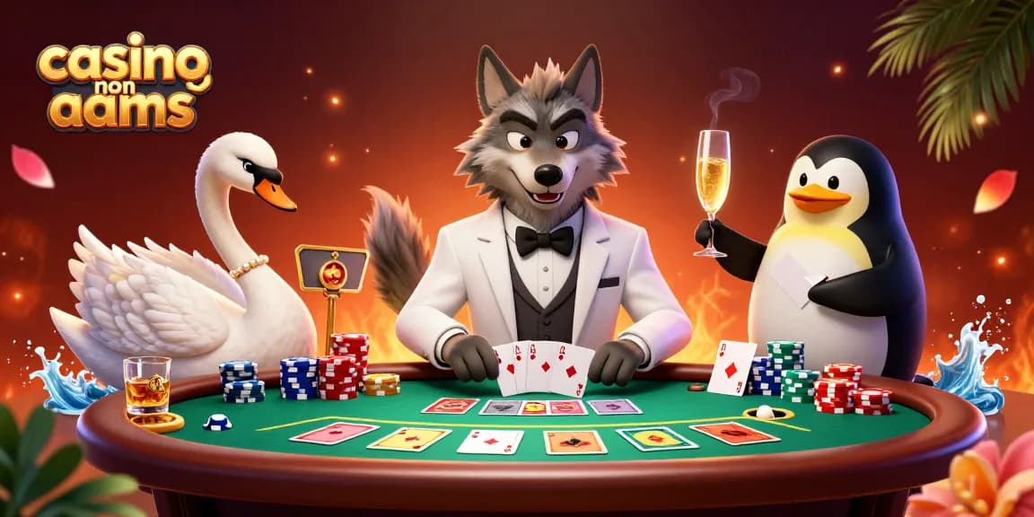 Vivi l'emozione dei casinò non AAMS con questa vivace scena di un lupo, un cigno e un pinguino a un evento di baccarat.