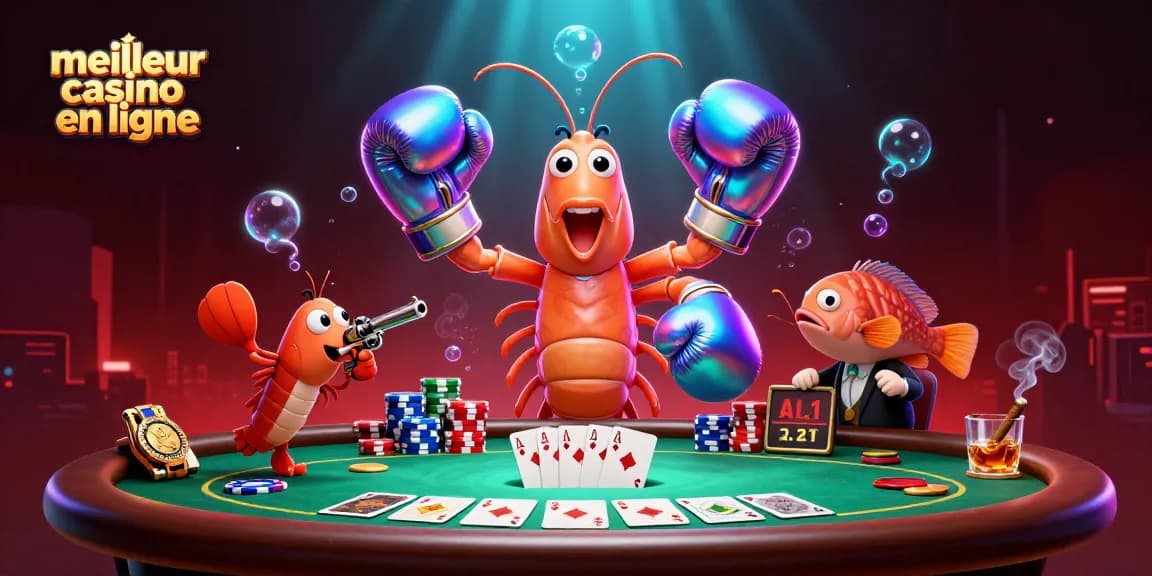 Une illustration dynamique représentant le meilleur casino en ligne avec un poisson mante en gants de boxe et ses compères.