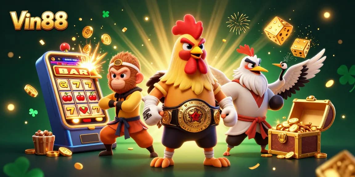 Win big with Vin88 in this vibrant, dynamic casino-themed illustration showing thrilling game elements.