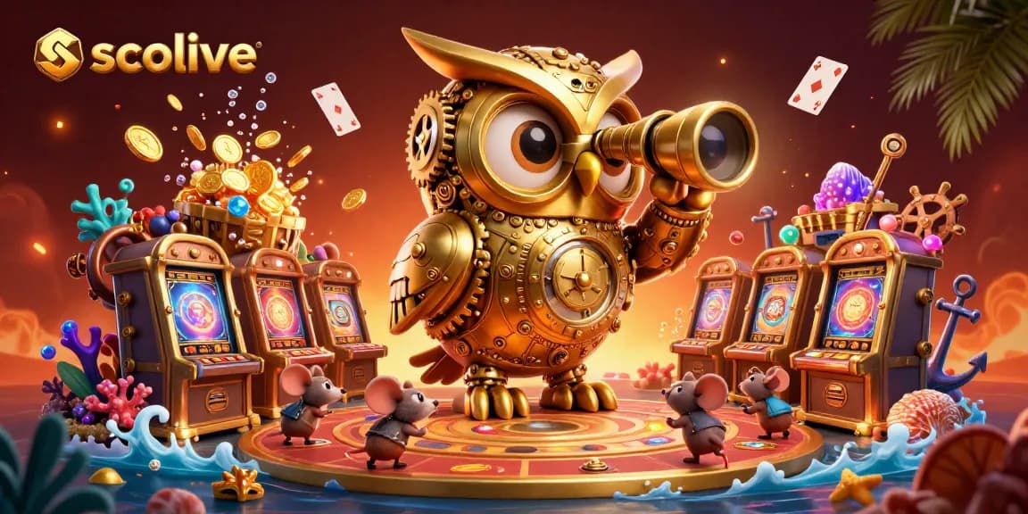 Socolive entertains viewers as cartoon owl scans a vibrant casino floor filled with playful mice.