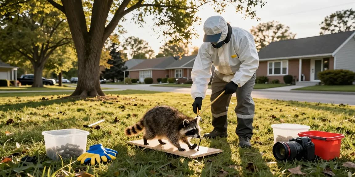 Raccoon Removal Toronto: technician safely captures raccoon in suburban backyard, highlighting wildlife control professionalism.