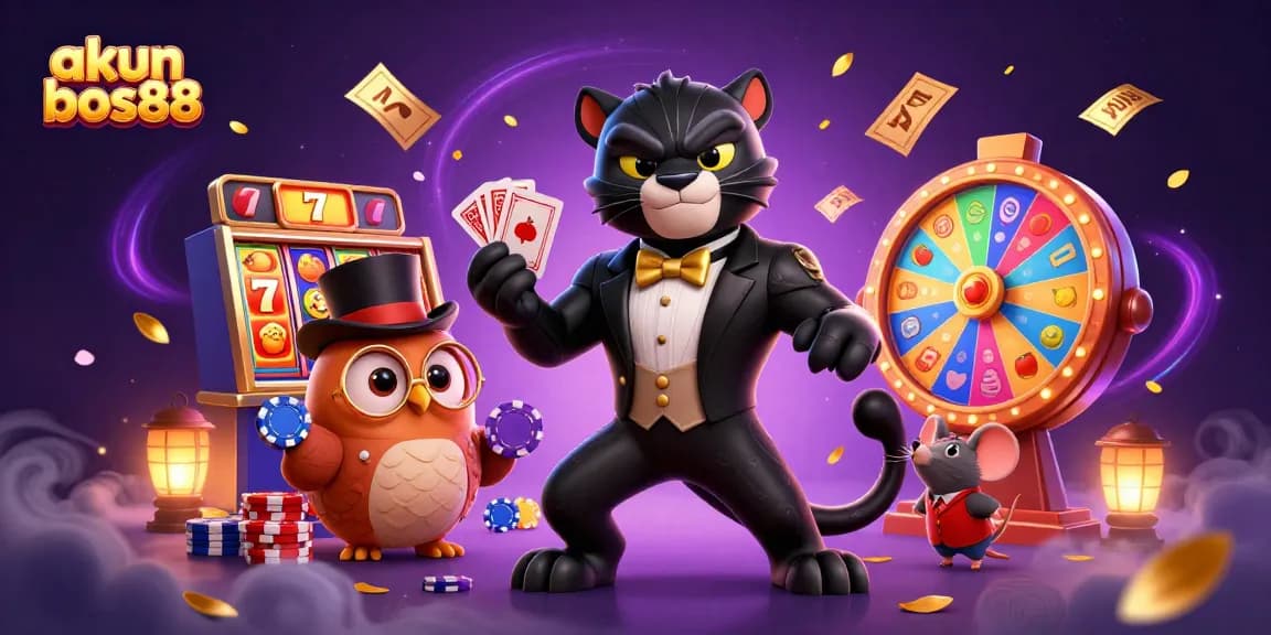 Experience the thrill of akun bos88 with a vibrant casino-themed illustration featuring a stylish panther, a clever owl, and a lucky mouse