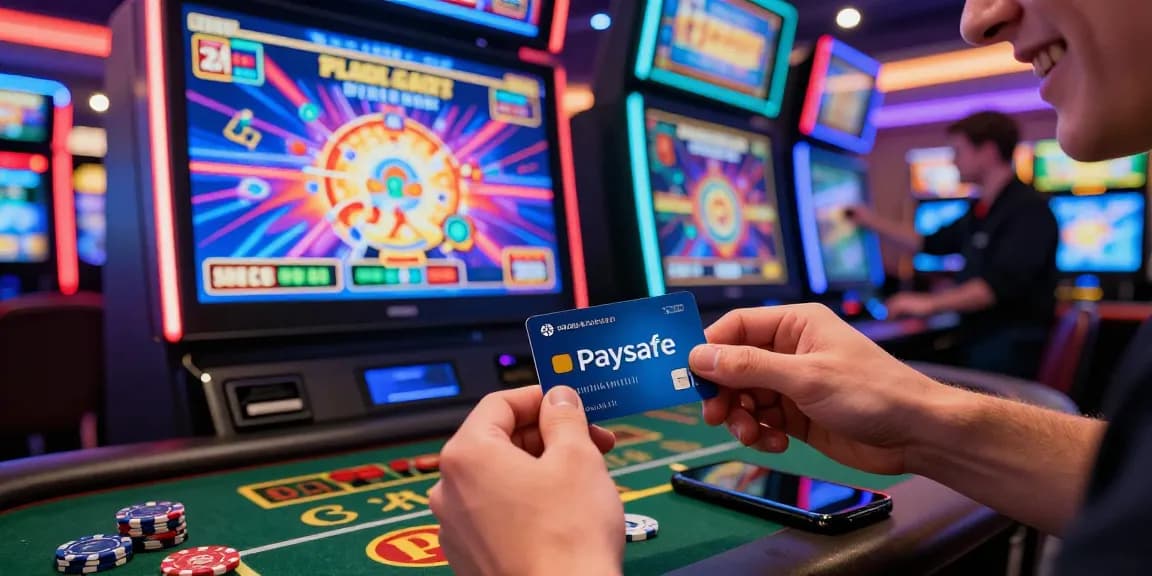 Spieler, der in einem lebhaften Paysafe Card Casino Erlebnis eingetaucht ist, während er begeistert Geld einzahlt, umgeben von bunten Spielgrafiken.