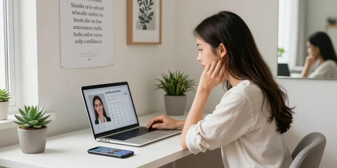 Analyzing the test of attractiveness results on a laptop while reflecting on beauty.