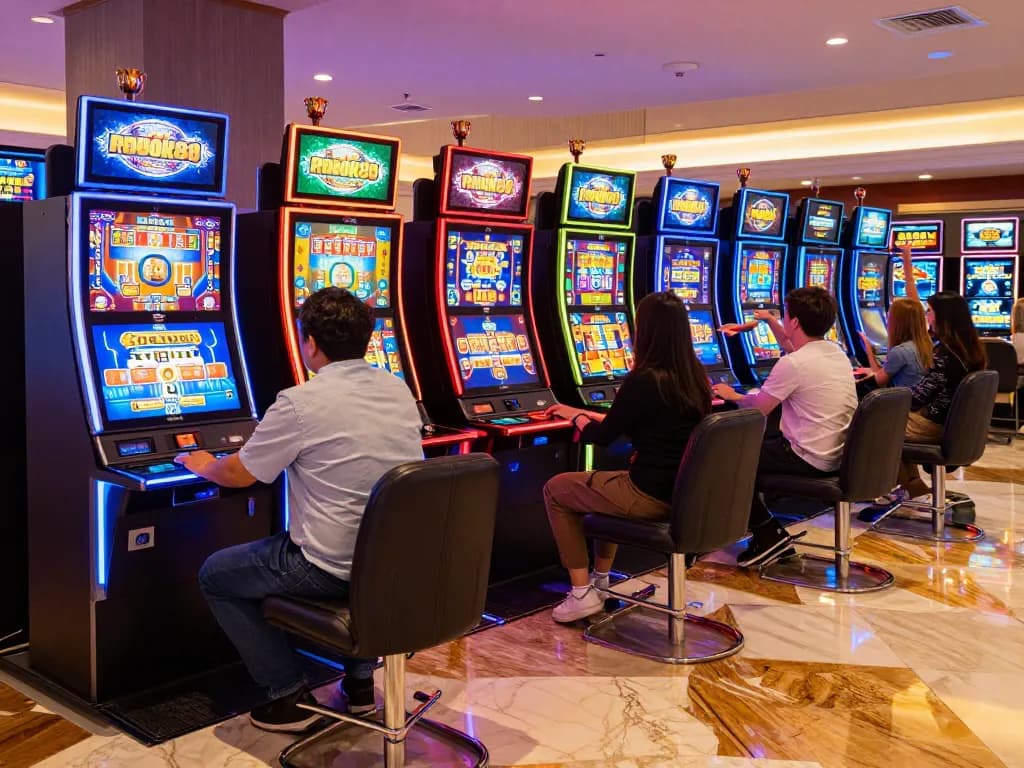 Pemain menikmati keseruan mesin slot rokok88 di lingkungan kasino yang penuh warna.