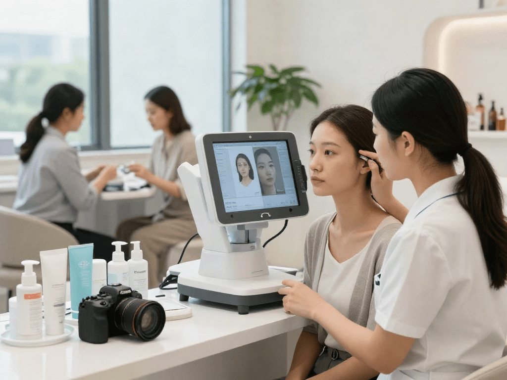 ClinicEvo better than QOVES showcased in a modern beauty clinic with specialists analyzing facial features and personalized recommendations.