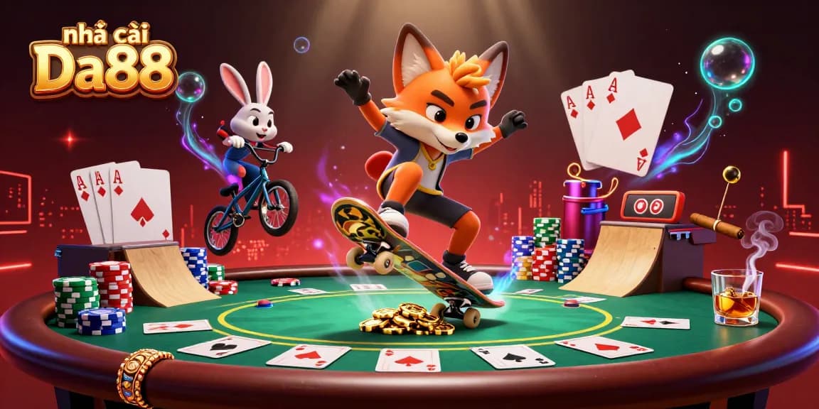 Engage with Nhà cái Da88 in a vibrant 3D cartoon scene featuring a fox and rabbit surrounded by casino elements.