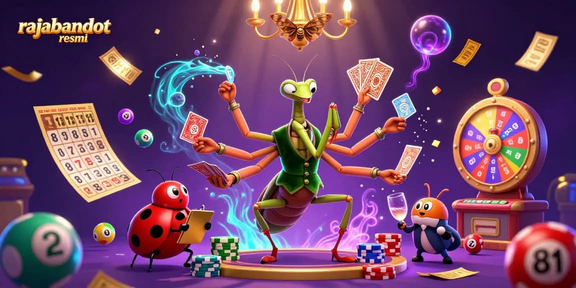 Engage with rajabandot resmi's vibrant casino scene featuring a giant mantis dealer amidst colorful lottery elements.