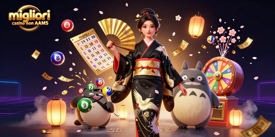 Illustrazione dei migliori casino non AAMS con una donna in un kimono e elementi di lotteria e giochi da casinò.