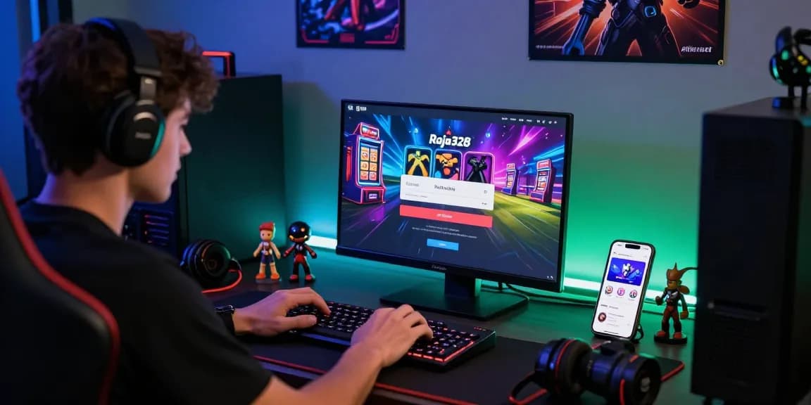 Engaged user entering login raja328 credentials on a vibrant gaming platform interface
