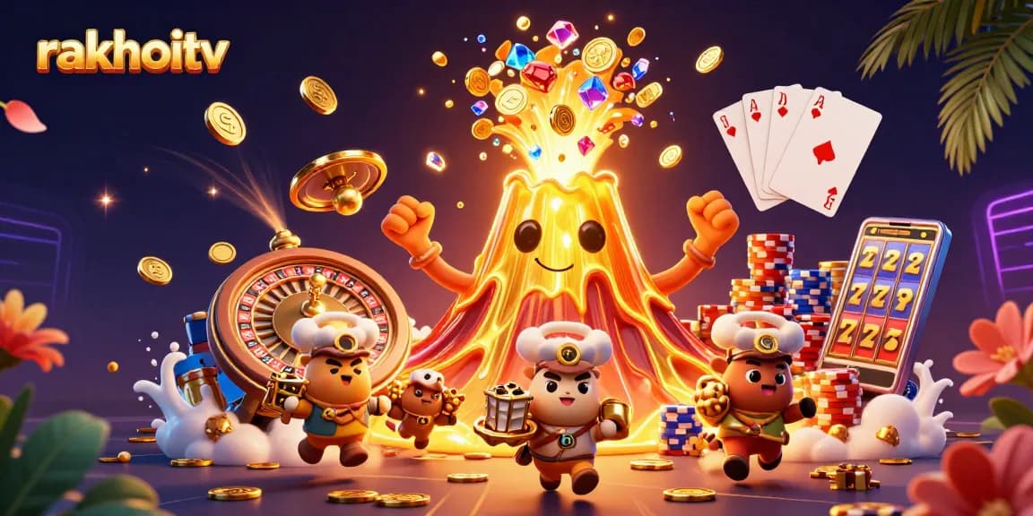 Experience rakhoitv with gaming excitement as gold erupts from a volcano in this vibrant 3D illustration.