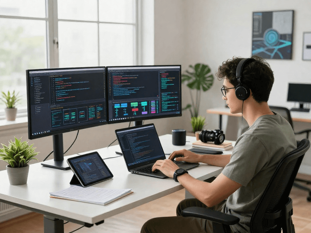 Developer coding at a modern workspace with AI algorithms, reflecting the innovative spirit of tech and the future of ai gf.