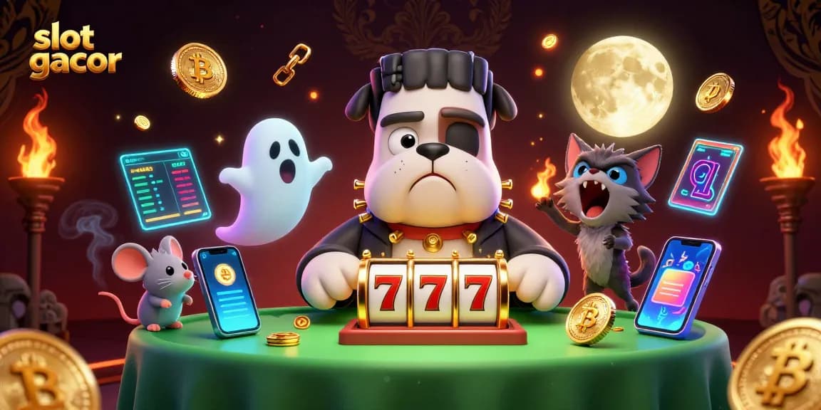 Experience slot gacor action with a cartoon bulldog monster and werewolf kitten in a vibrant 3D casino scene.