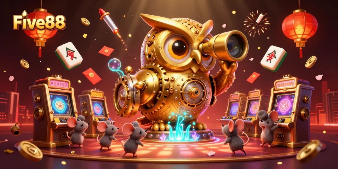Experience the thrill of Five88 with vibrant casino action, featuring a golden owl and colorful game elements.