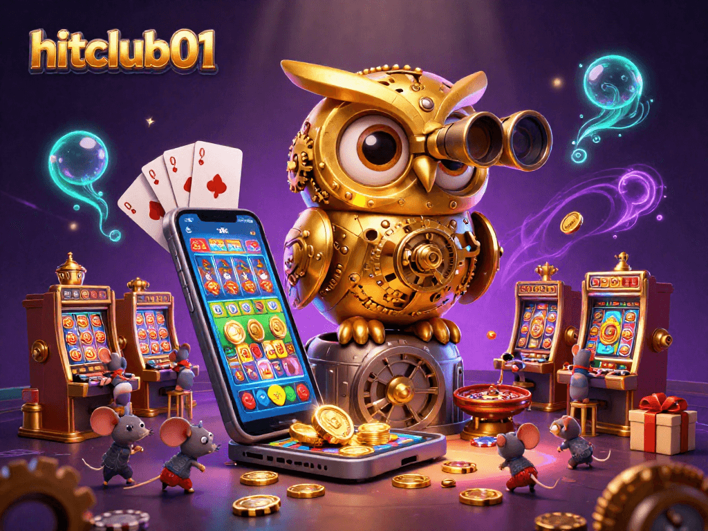 Experience hitclub01's dynamic casino scene with a charming clockwork owl and playful mice among vibrant gaming elements.