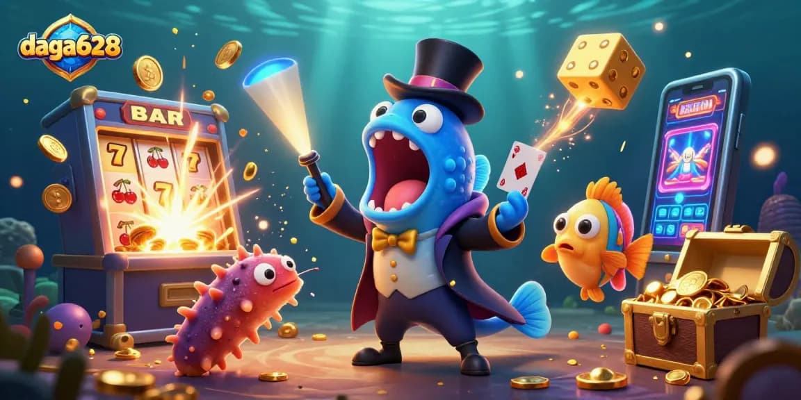 Experience the excitement of daga628 with a magical underwater casino scene filled with slots and illuminated characters.