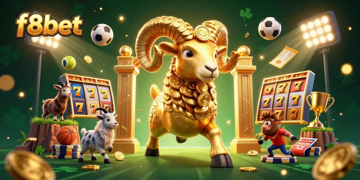 Engage with f8bet's vibrant 3D casino design featuring a golden ram amidst slot reels and sports elements, capturing the thrill of gaming.