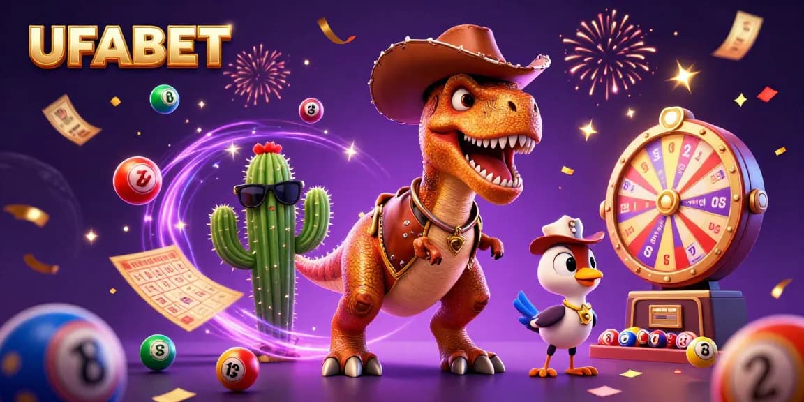 Experience UFABET's exciting lottery and gaming atmosphere with vibrant 3D characters and elements.