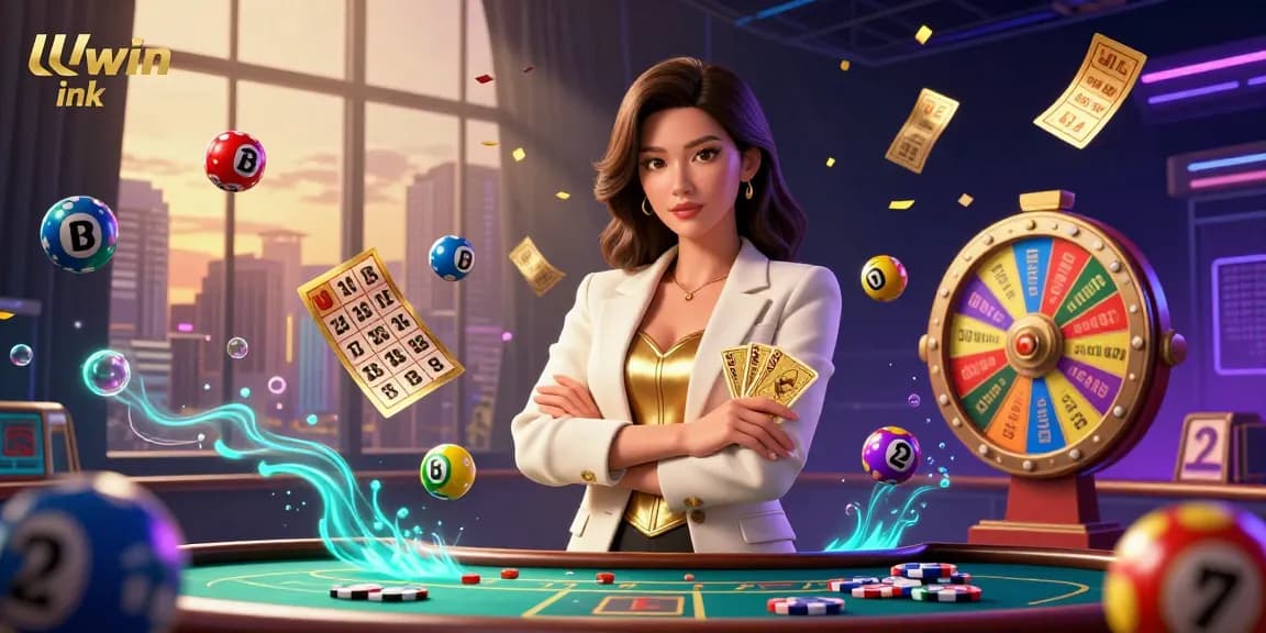 Experience thrilling games at LLwin ink with a powerful businesswoman holding golden cards surrounded by vibrant lottery elements.