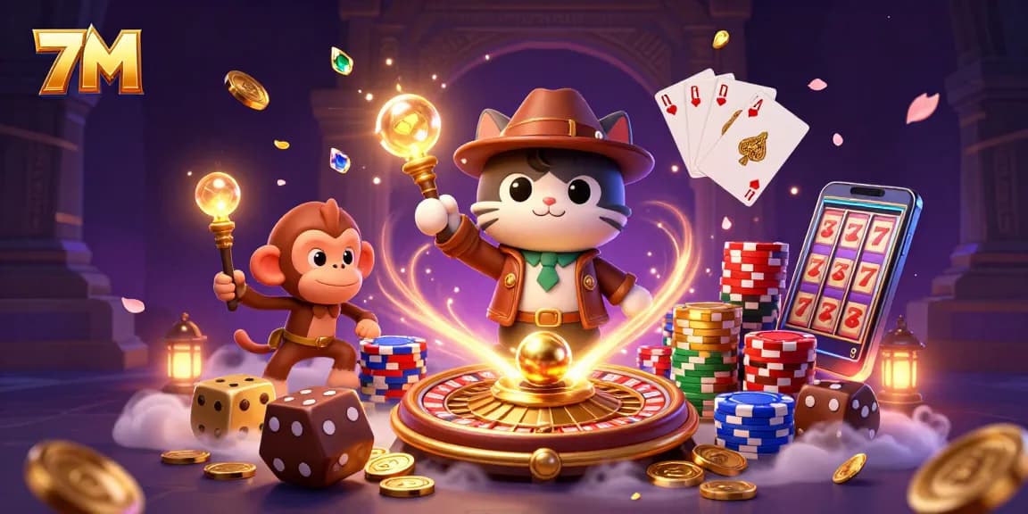 Engage with the thrilling game atmosphere of 7M as an explorer cat uncovers golden casino treasures.