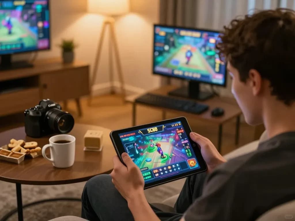 Playing the sc88 game on a tablet, showcasing an engaging and vibrant online gaming experience at home.