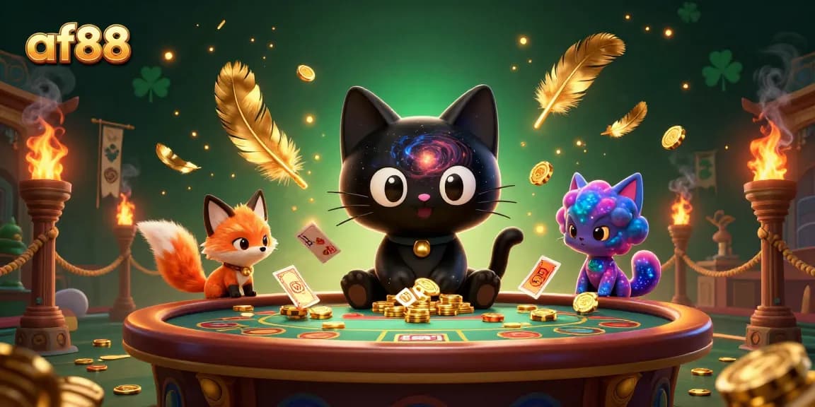 af88 casino scene featuring a black hole cat and nebula fox amidst golden chips and vibrant elements