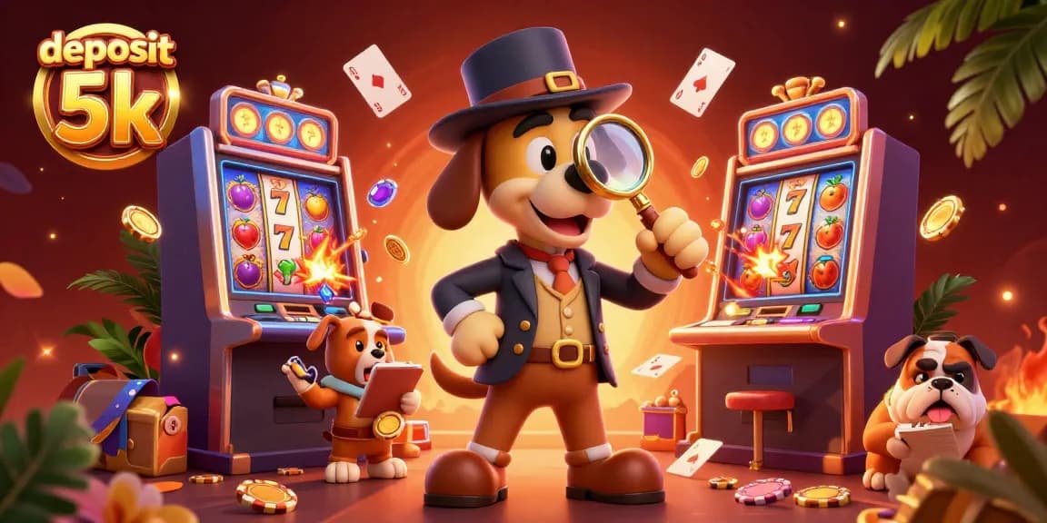 Deposit 5k illustration featuring a bloodhound detective examining a poker chip in a vibrant casino setting.