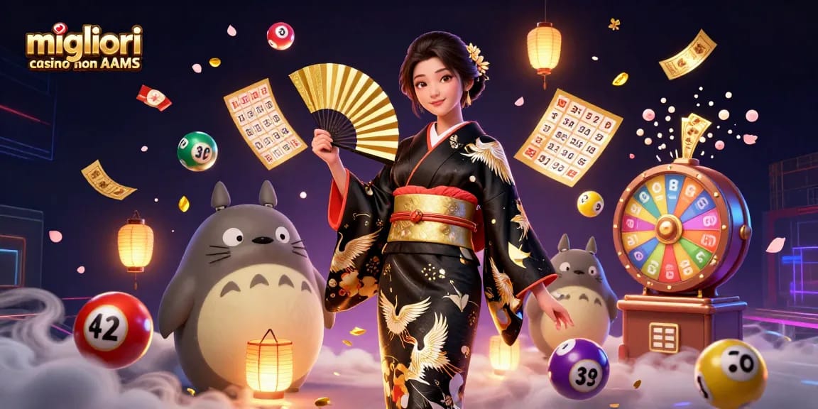 Illustrazione coinvolgente che mostra i migliori casino non AAMS con un tema festivo e elementi di gioco dinamici.