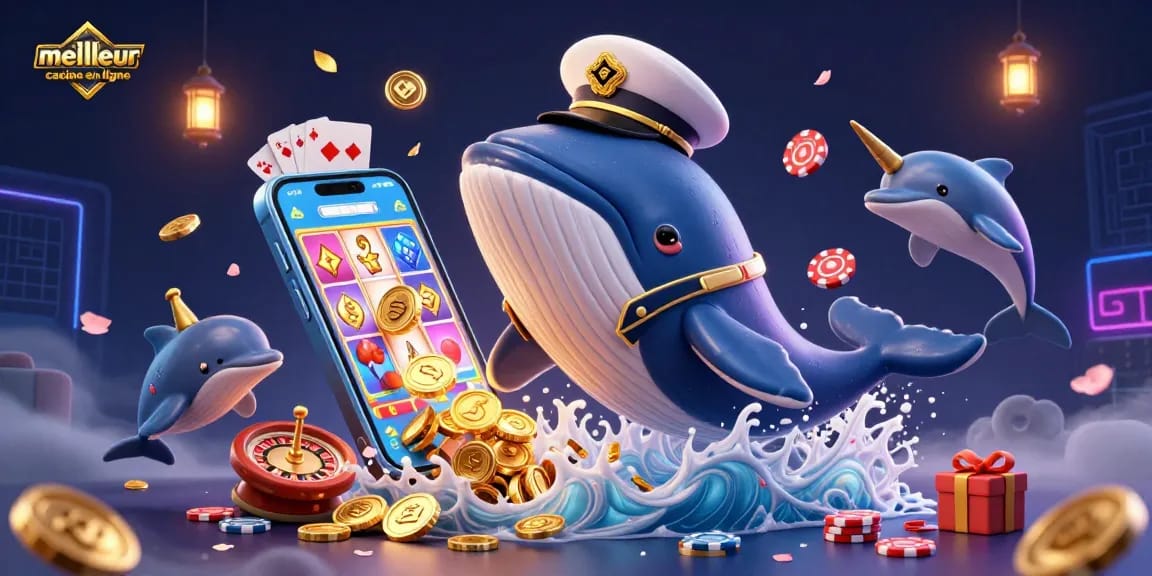 Engagez-vous dans le monde vibrant de meilleur casino en ligne à travers une scène ludique mettant en vedette des baleines, des pièces d'or et des éléments de poker.