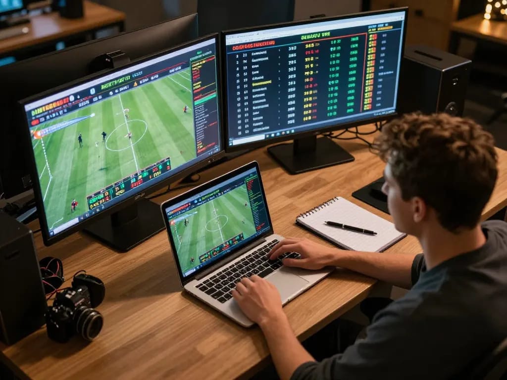Person analyzing football betting odds on multiple screens while using nowgoal for live updates.