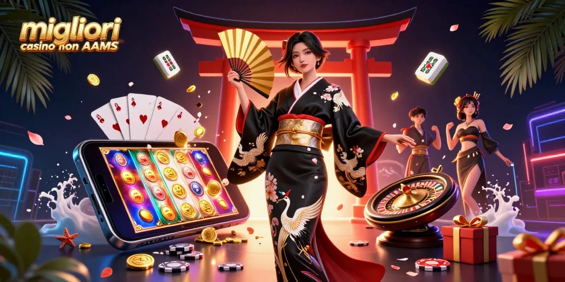 Interagisci con i migliori casino non AAMS attraverso un'elegante illustrazione 3D di un casinò che mostra elementi di gioco vibranti.