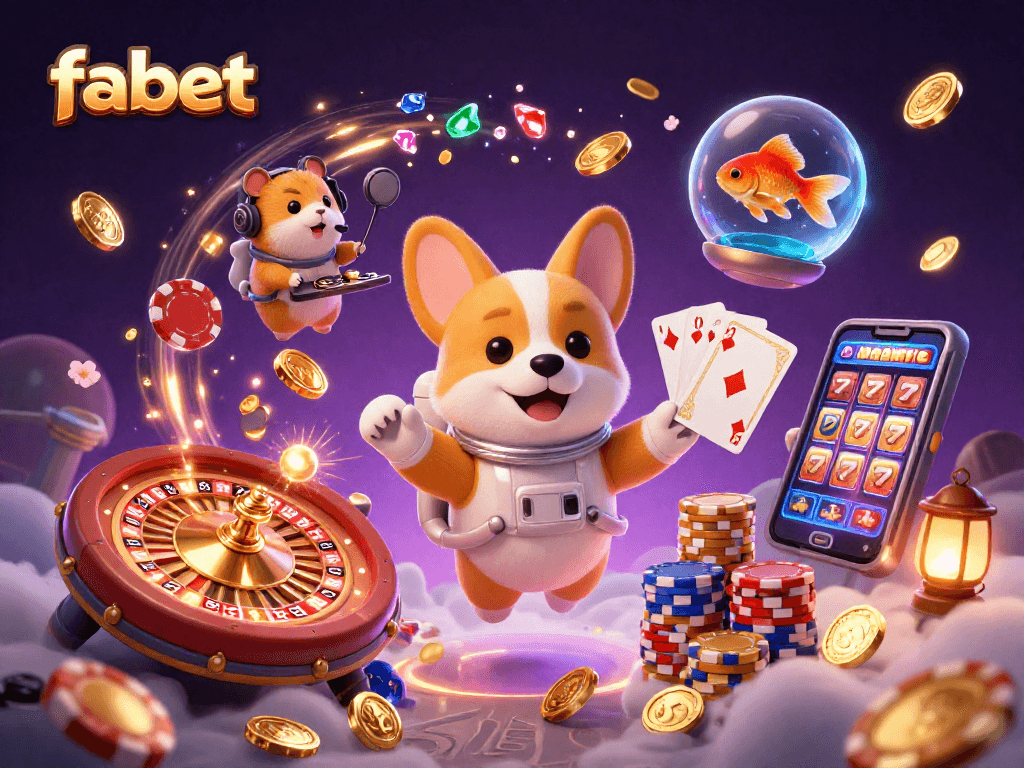 Engage in fun gaming activities at fabet with a 3D cartoon scene filled with coins and games.