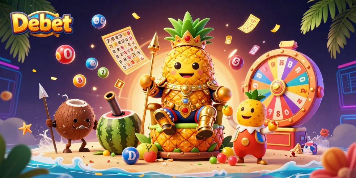 Engage in thrilling gaming at Debet with vibrant casino characters and exciting lottery elements.