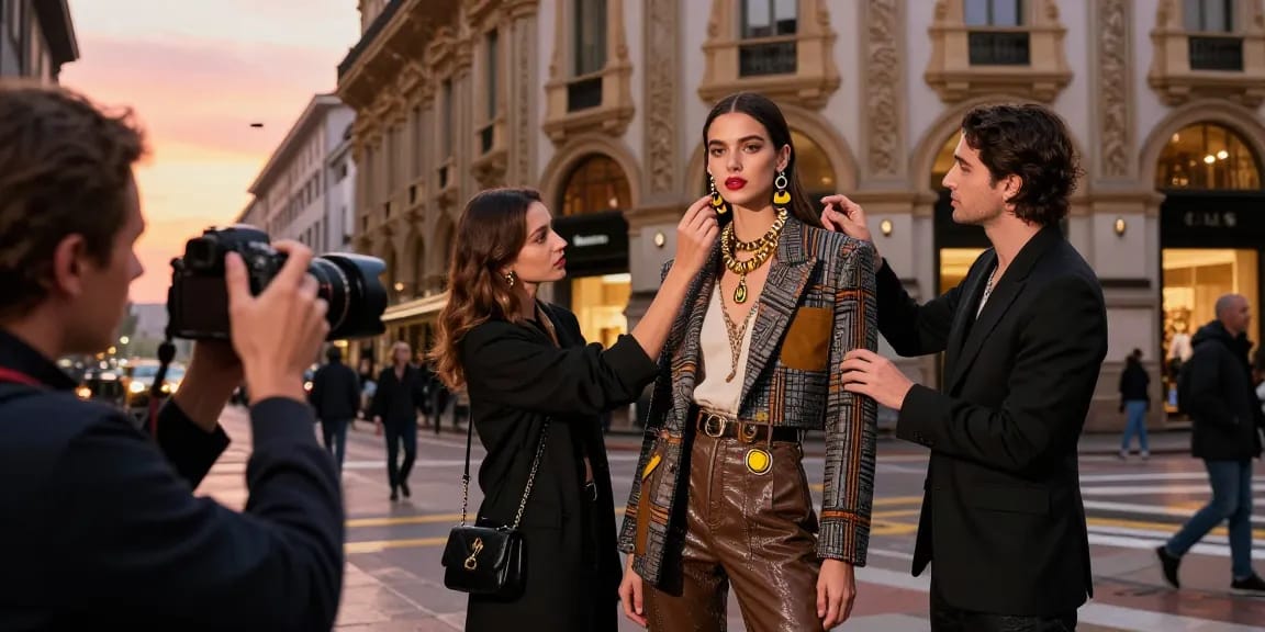 Servizi fotografici moda Milano con modella in outfit stiloso a Milano durante il tramonto.