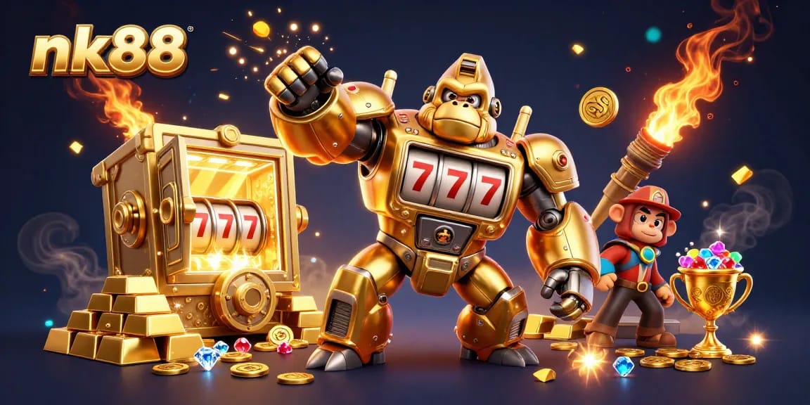 Experience thrilling gameplay at nk88 with a dynamic 3D illustration showcasing a golden gorilla mech surrounded by treasure.