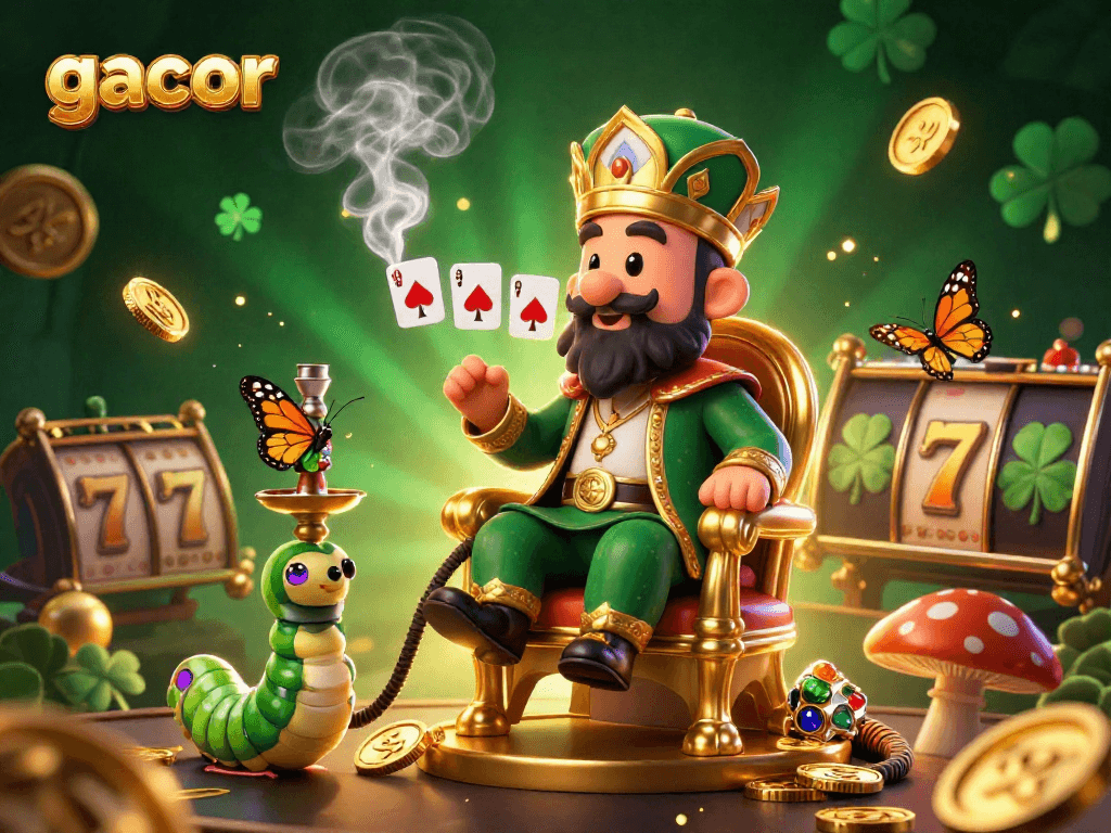 Gacor: Ilustrasi 3D kasino menunjukkan keberuntungan dengan simbol permainan dan koin emas.