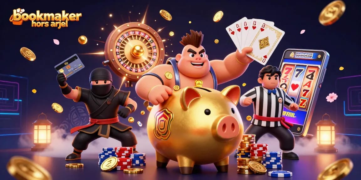 Les joueurs parient sur bookmaker hors ARJEL, entourés de pièces d'or et de jeux animés.