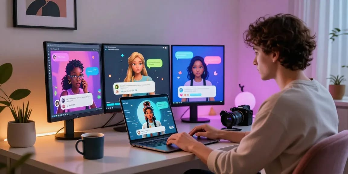 Immersive NSFW AI chat scene with interactive dialogues displayed on a laptop in a cozy virtual environment.